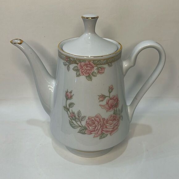 Crown Ming Fine China Jian Shiang Tea Coffee Pot Lid Rose Floral Gold 8 In Tall - Picture 1 of 11
